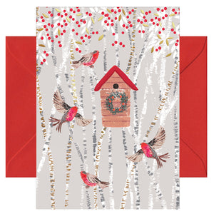 Hochwertige Weihnachtskarte - Grußkarte mit farbigen Umschlag - Weihnachten - Vögel - Vogelhäuschen