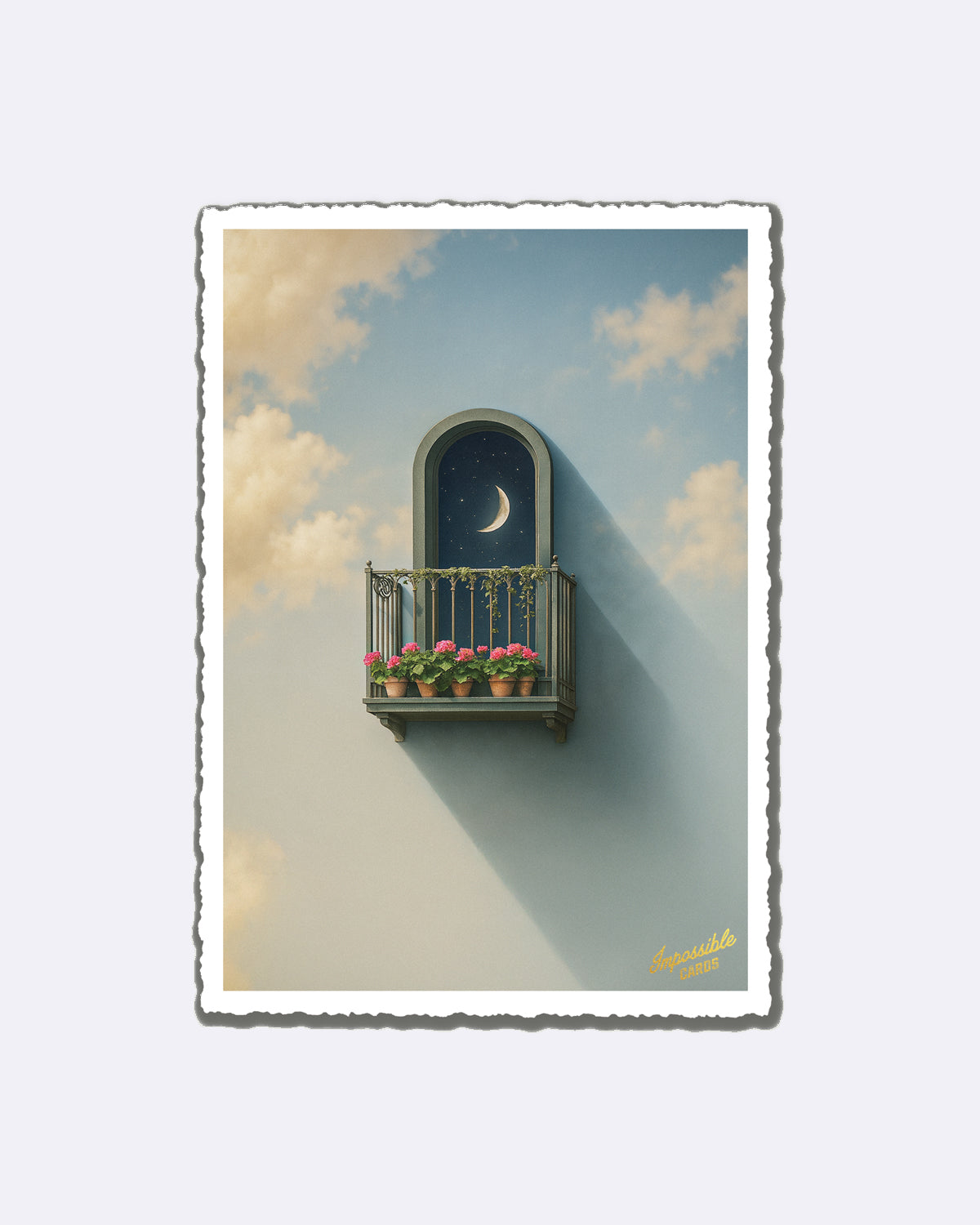 Postkarte mit Himmelbalkon, Mond und Blumen mit Schriftzug "Impossible Cards"