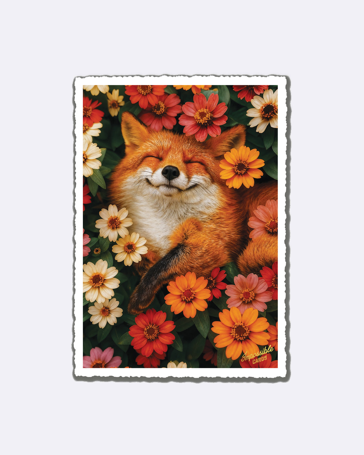 Postkarte mit Fuchsmotiv und bunten Blumen mit Schriftzug "Impossible Cards"