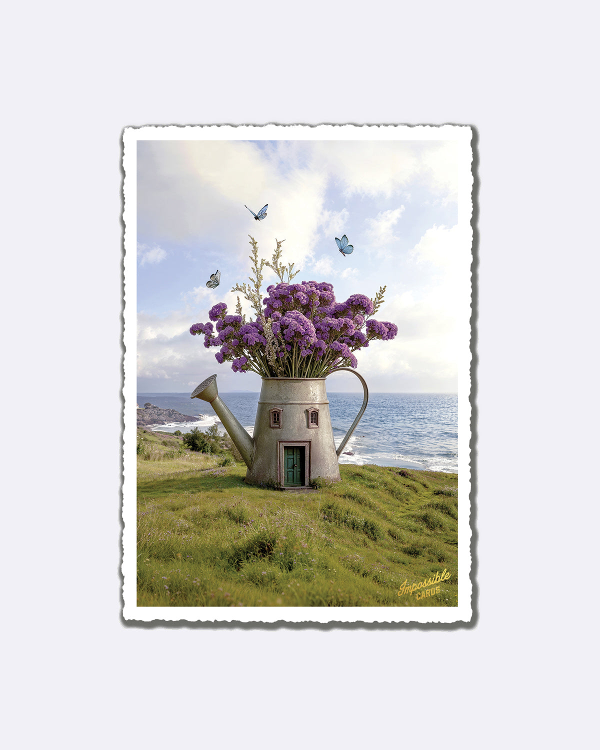 Postkarte mit Blumen in Gießkanne, blauem Himmel und Schriftzug "Impossible Cards"