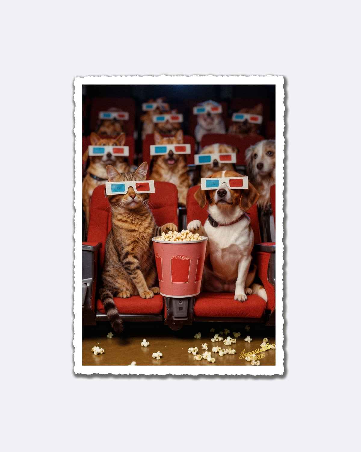 Postkarte mit Katzen und Hunden im Kino mit 3D-Brillen und Popcorn auf roten Kinosesseln