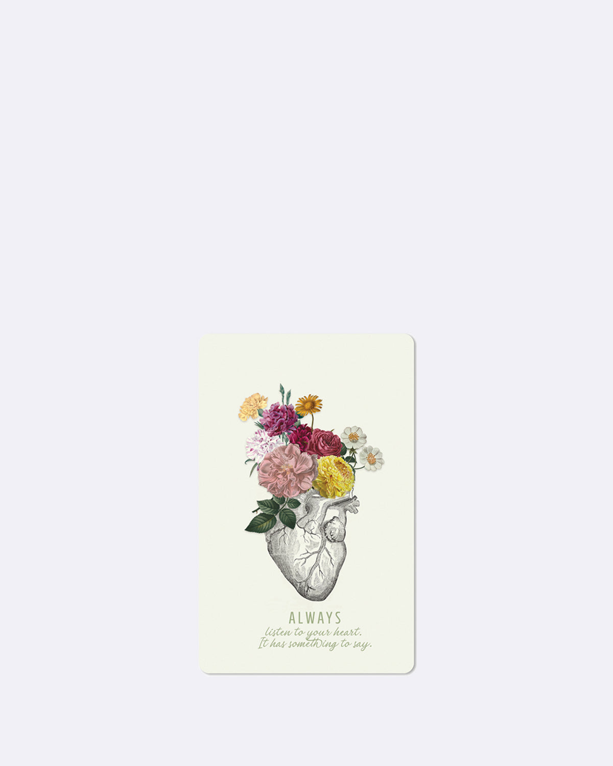 Postkarte in weiß mit abgebildeten Blumen und schwarzem Text 