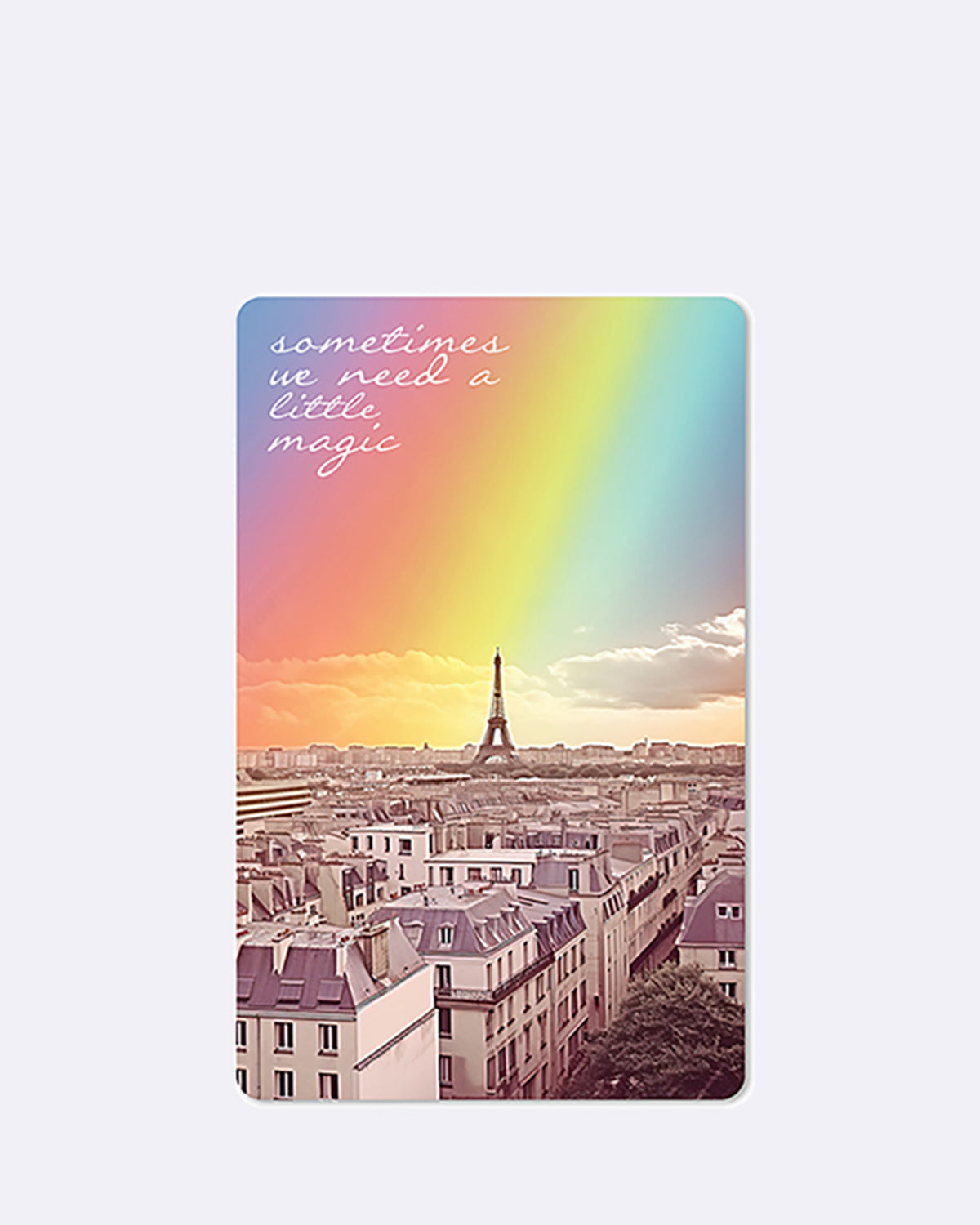 Postkarte mit der Stadt Paris, einem Regenbogen und weißer Schrift