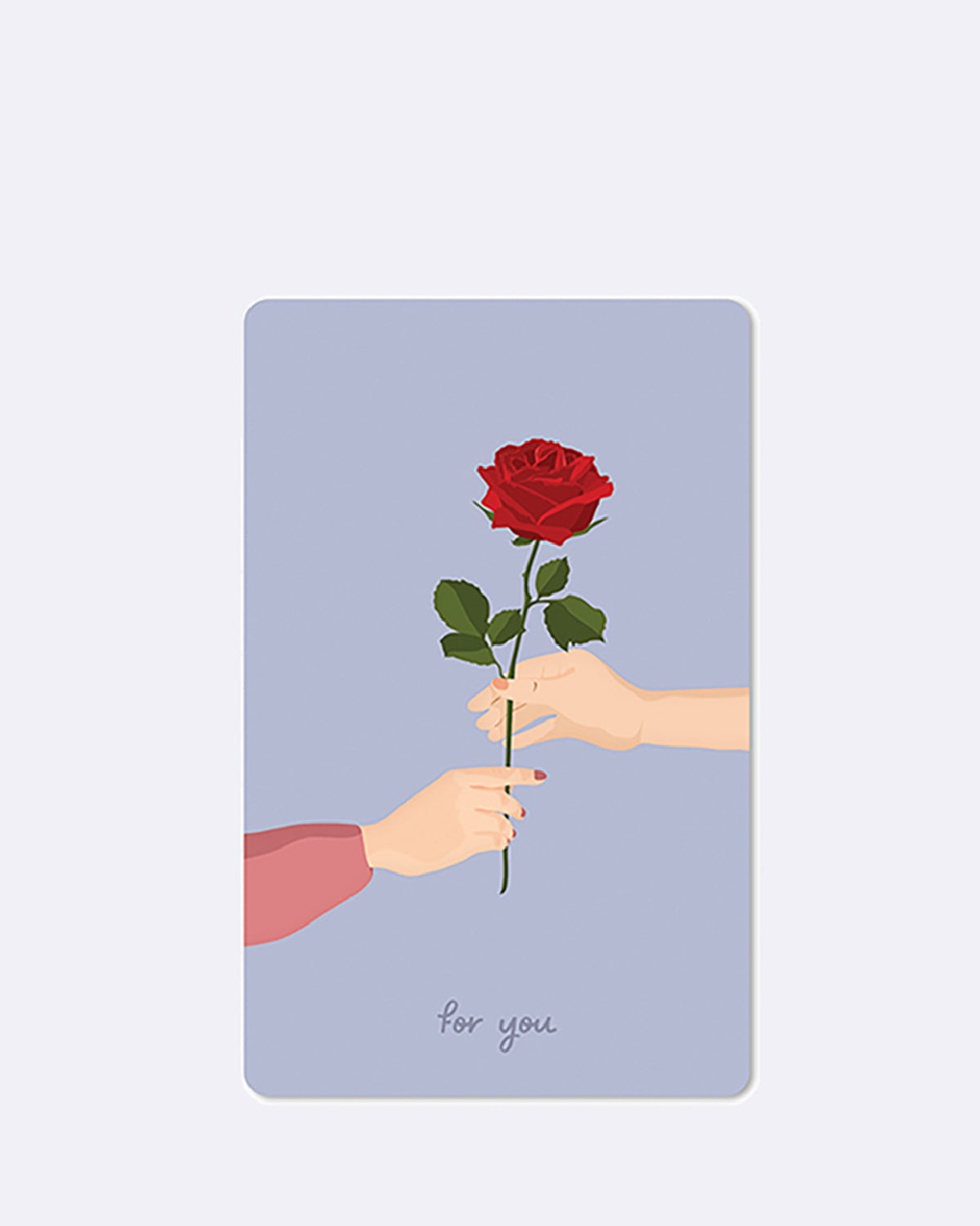 Postkarte in violett mit zwei Händen, welche sich eine Rose übergeben 