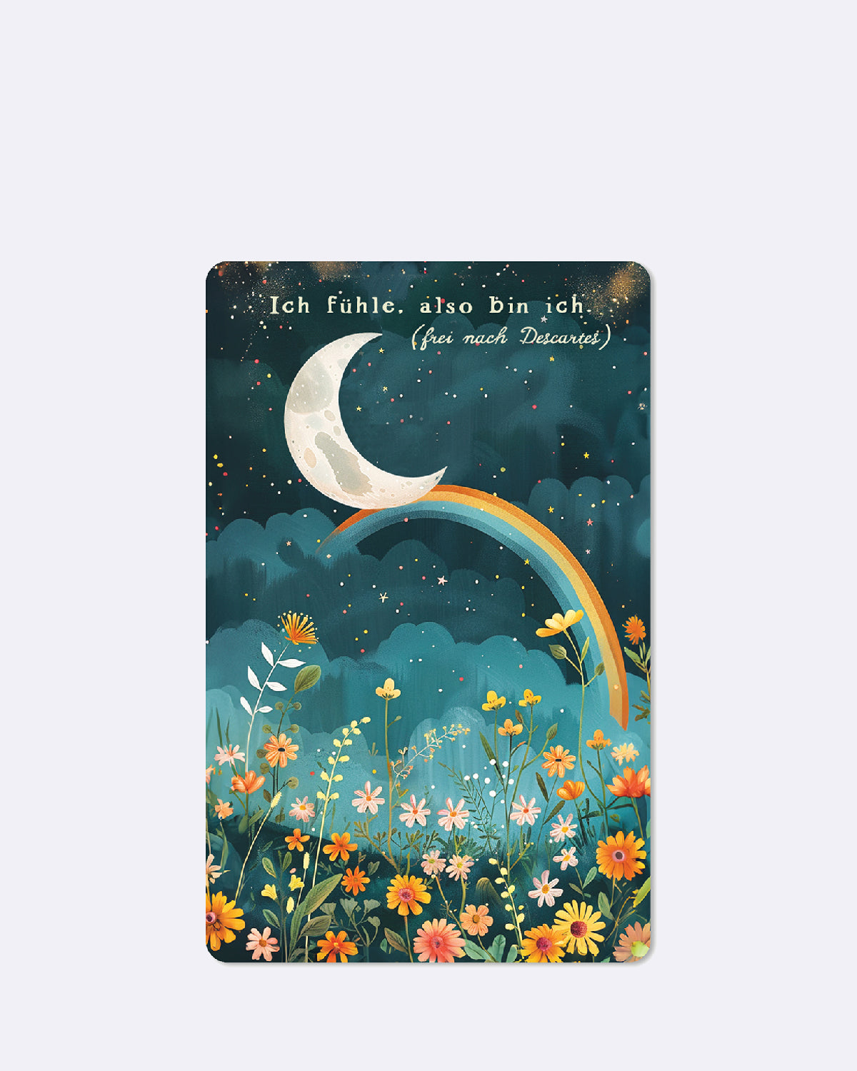 Postkarte mit abgebildetem Nachthimmel und einer Blumenwiese