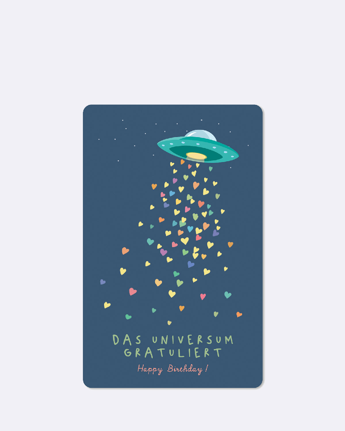 Postkarte mit abgebildetem Ufo und bunten Herzen