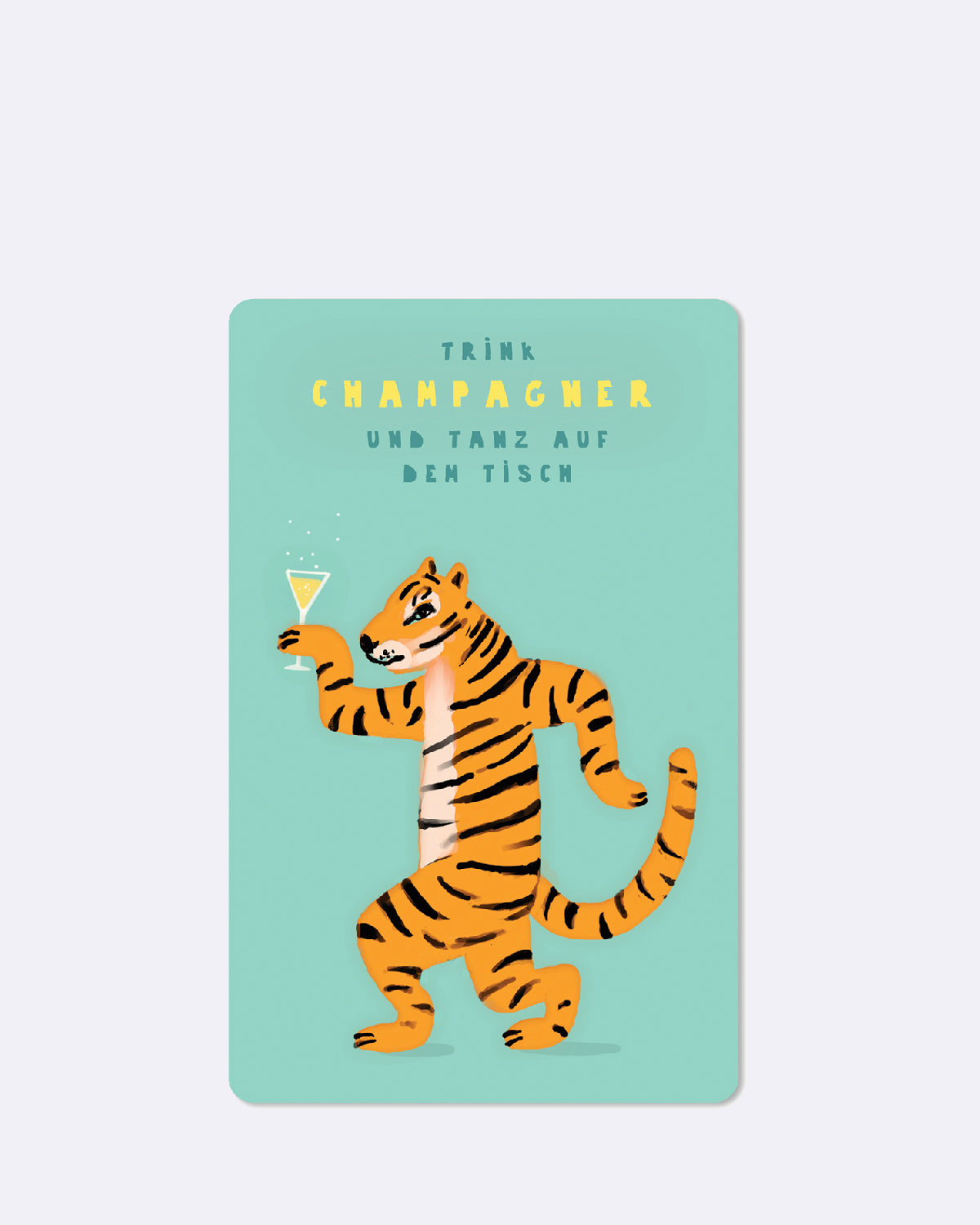 Postkarte in hellblau mit abgebildetem Tiger und gelber Schrift
