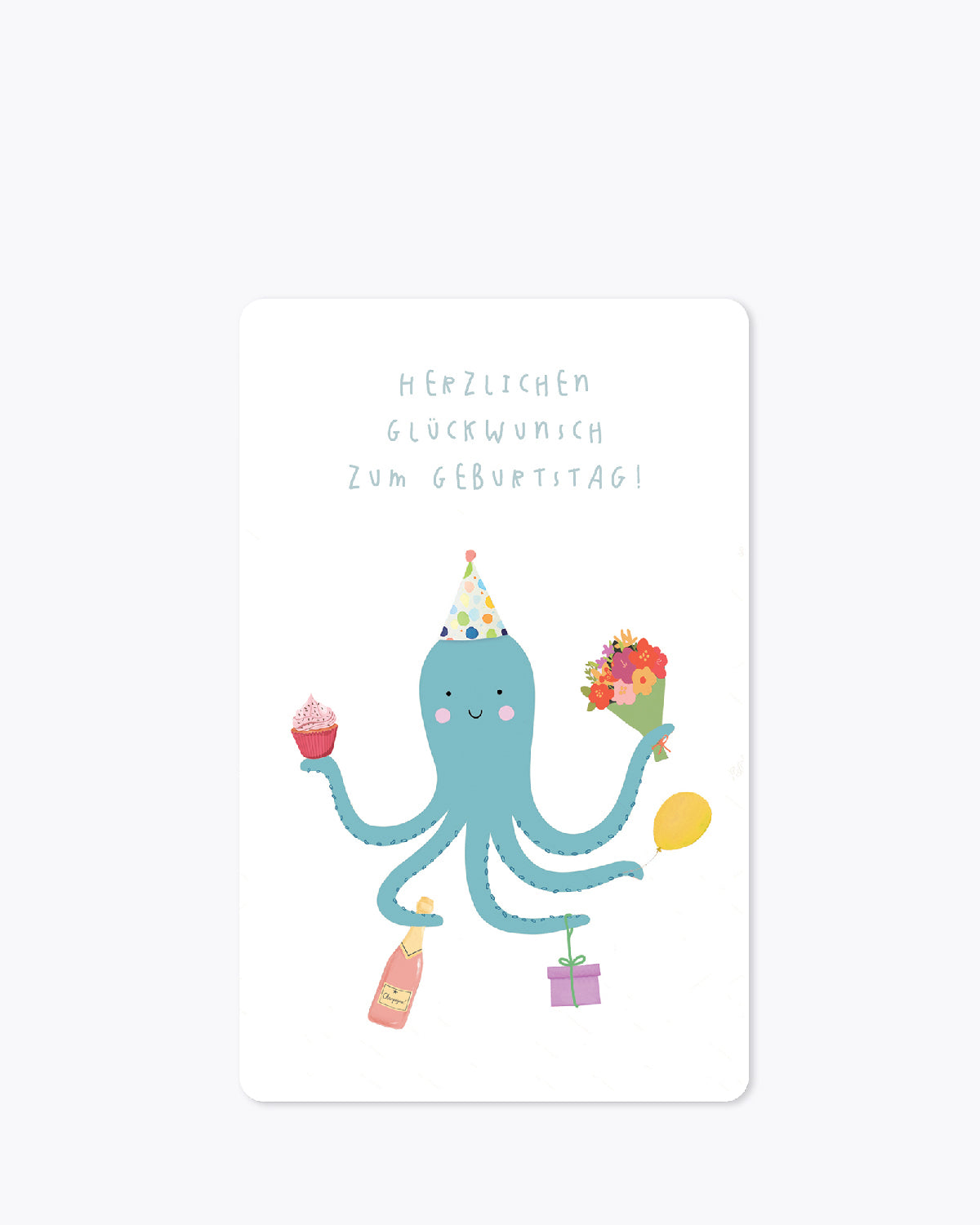 Postkarte in weiß mit abgebildetem Oktopus und blauer Schrift