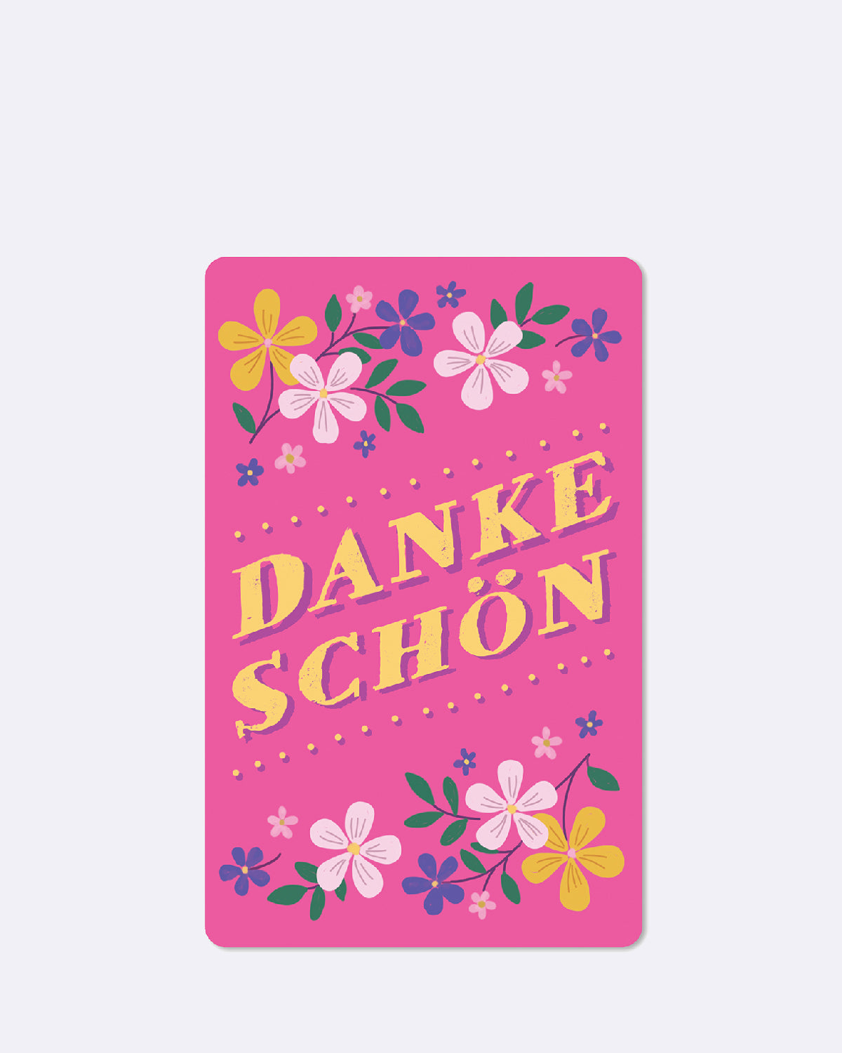 Postkarte in pink mit gelber Schrift mit bunten Blumen