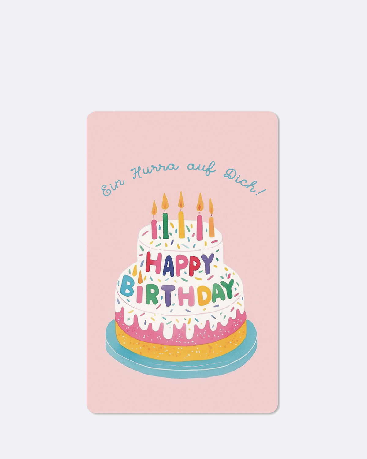 Postkarte in Rosa mit abgebildeter Geburtstagstorte und blauer Schrift