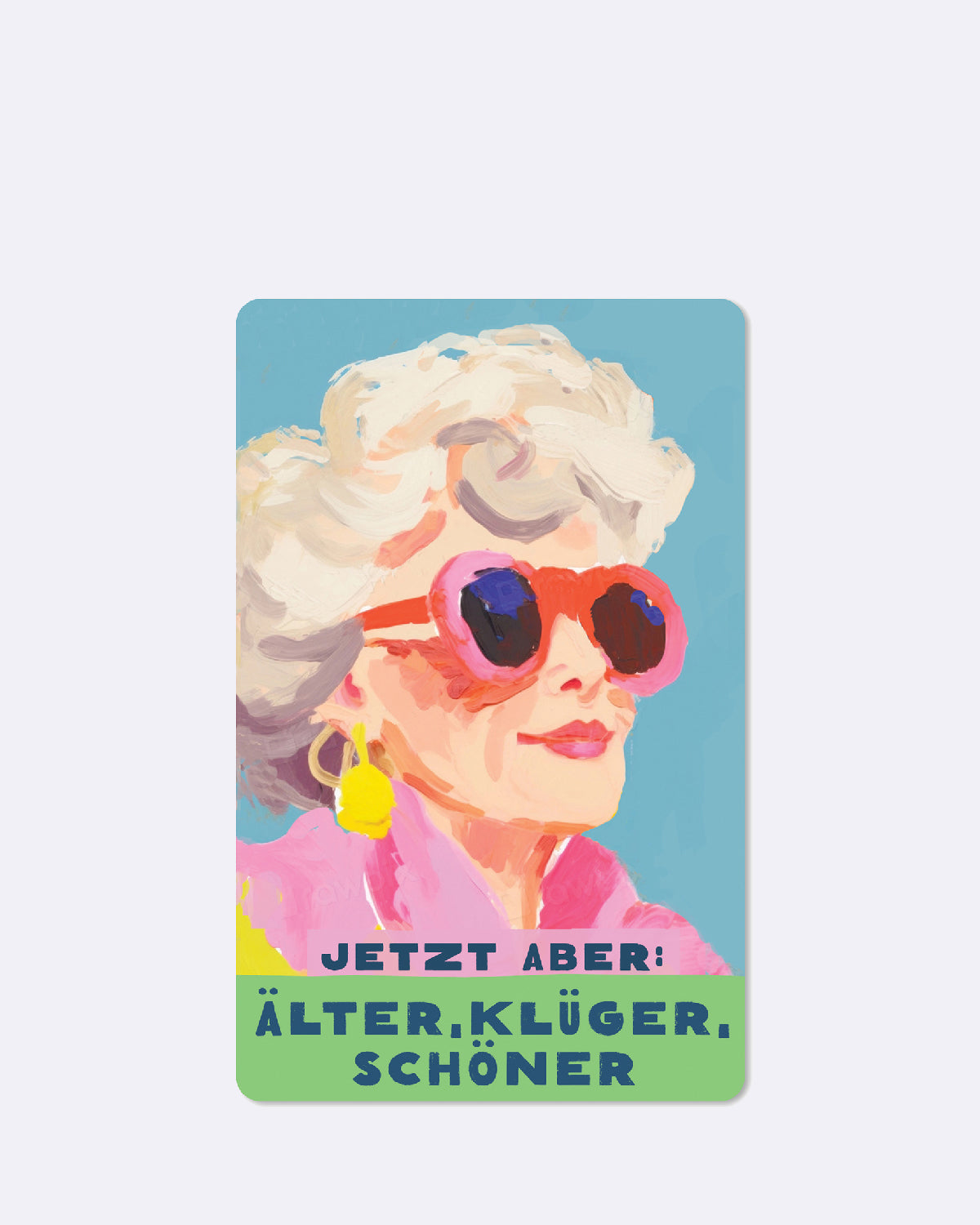 Postkarte in blau mit abgebildeter Frau und blauer Schrift