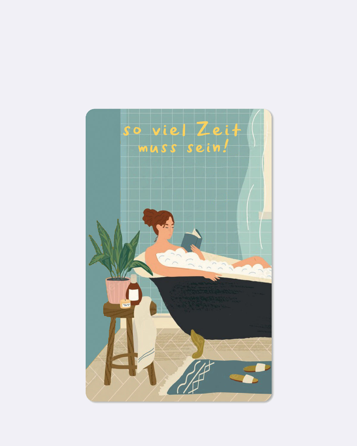 Postkarte mit abgebildeter Frau, die in der Badewanne ein Buch liest