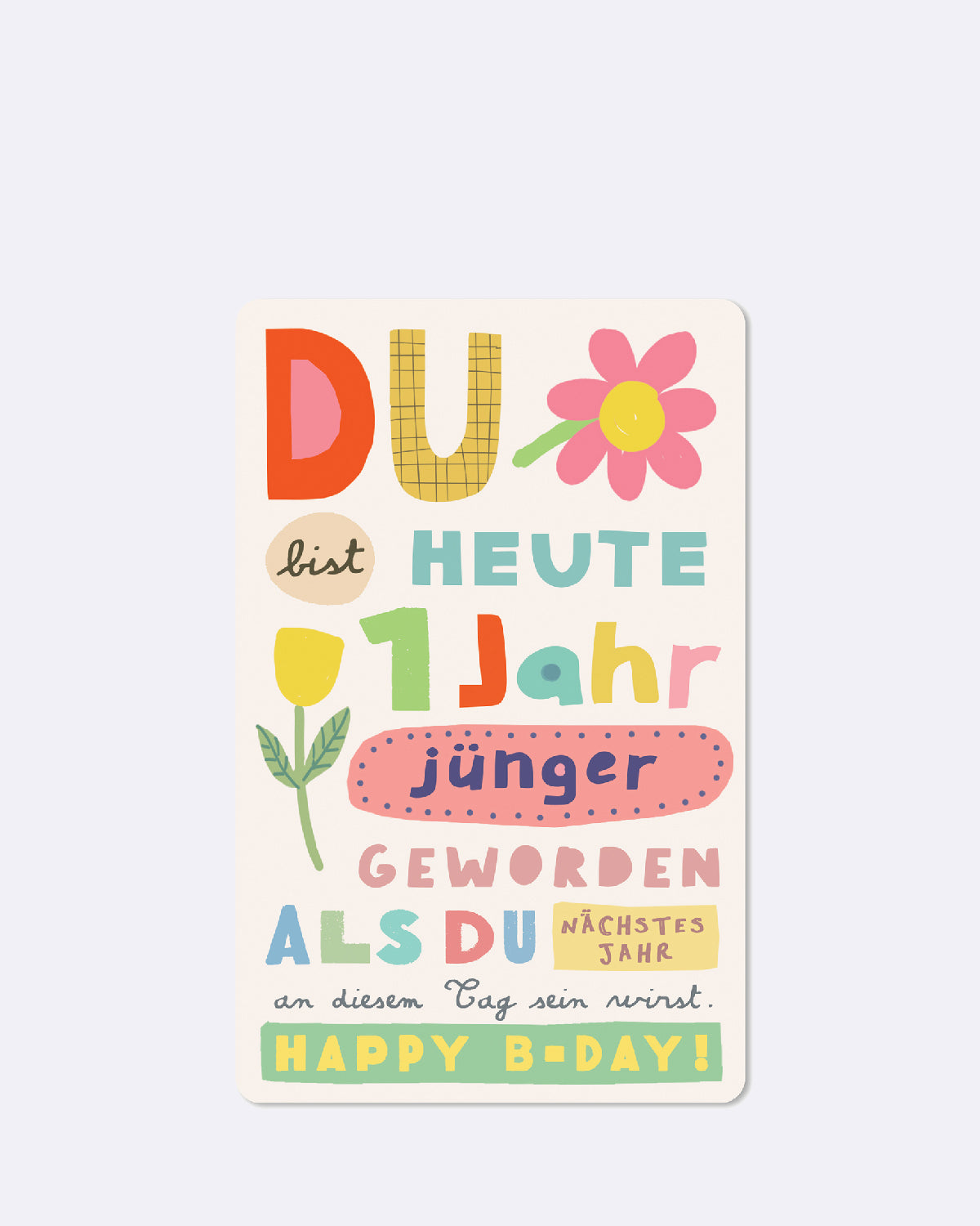 Postkarte in weiß mit bunter Schrift