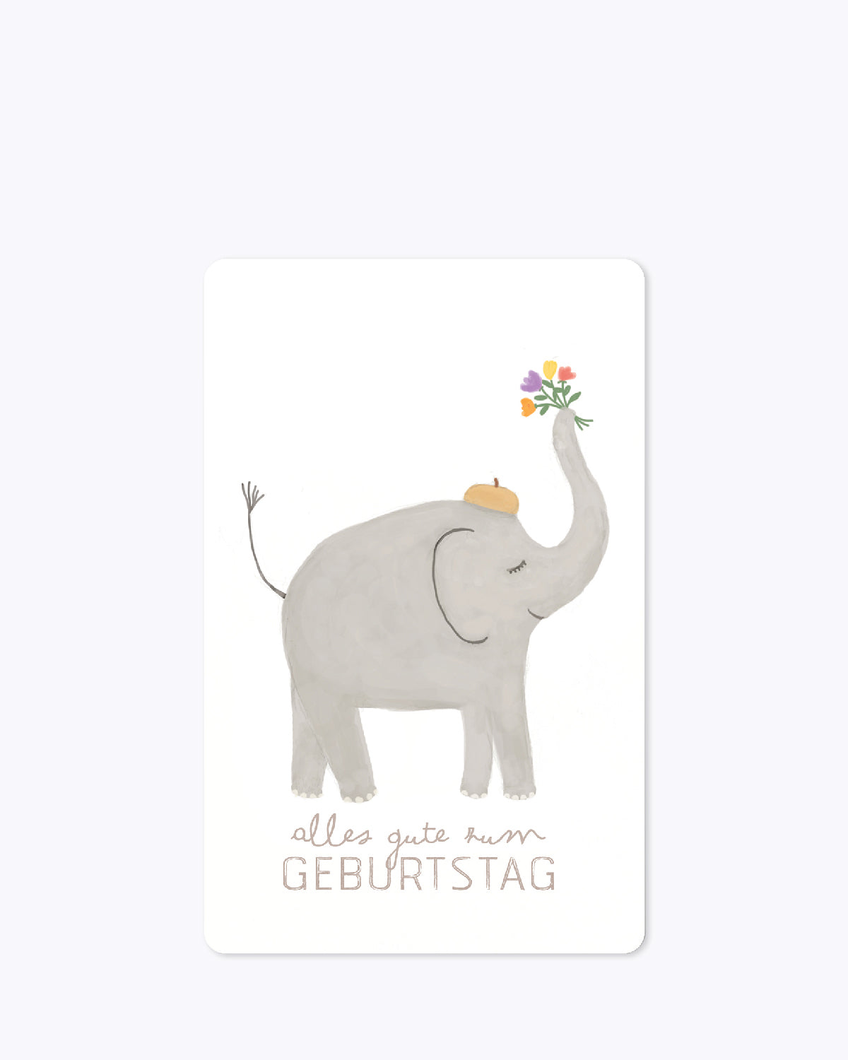 Postkarte in weiß mit einem abgebildetem Elefanten und grauer Schrift