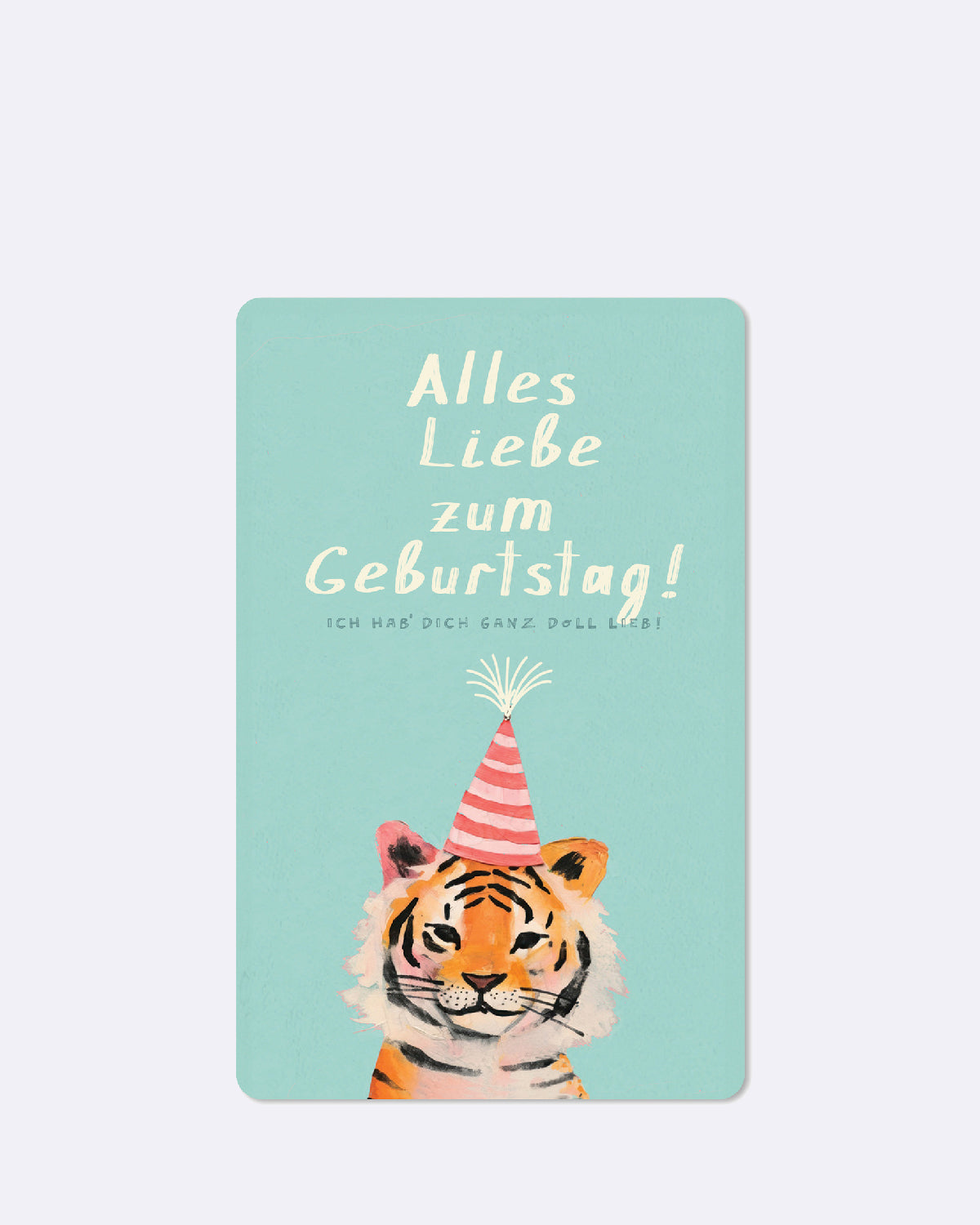 Postkarte in hellblau mit abgebildetem Tiger und weißer Schrift