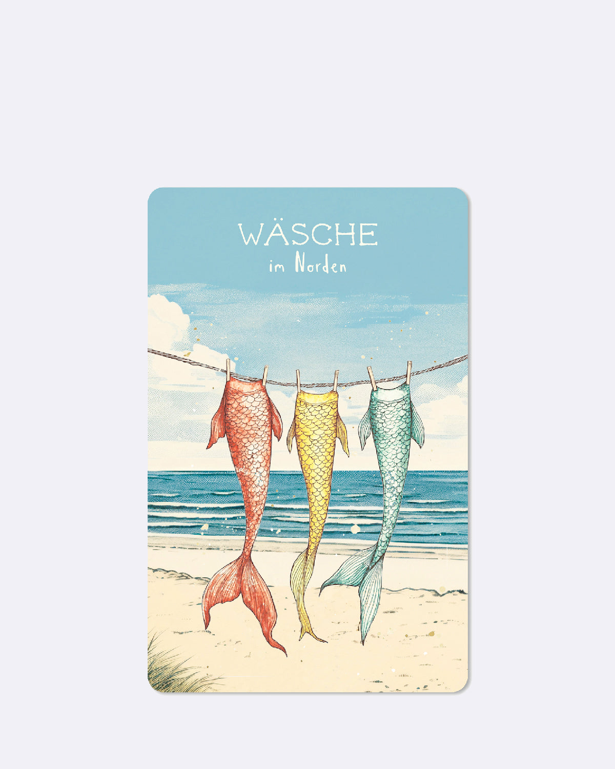 Postkarte mit Strandmotiv einer Wäscheleine mit bunter Wäsche 