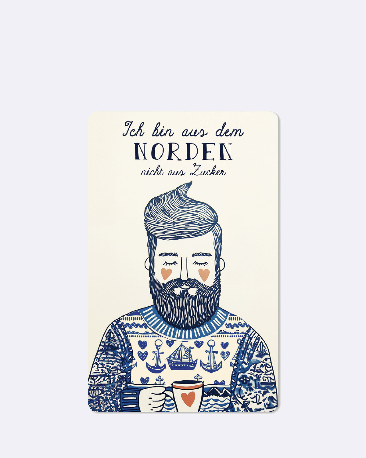 Postkarte in weiß mit abgebildetem Mann und dunkelblauem Text