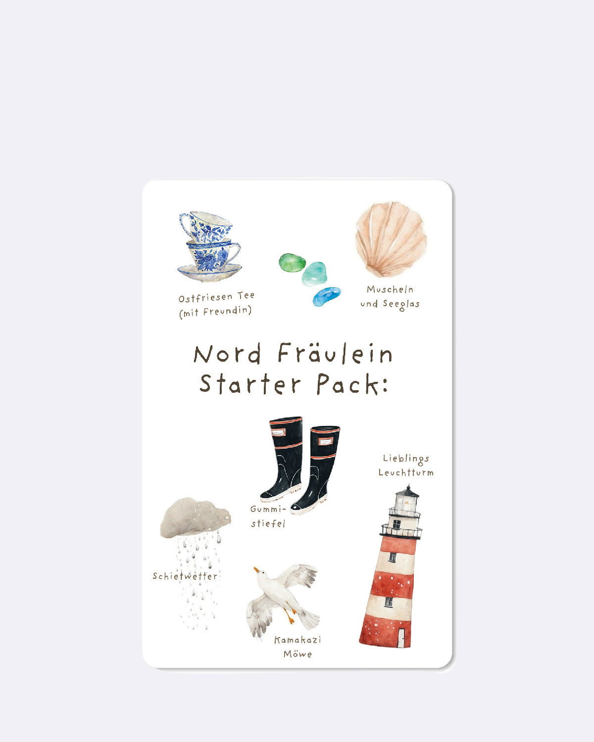 Postkarte in weiß mit verschiedenen Motiven und schwarzem Text