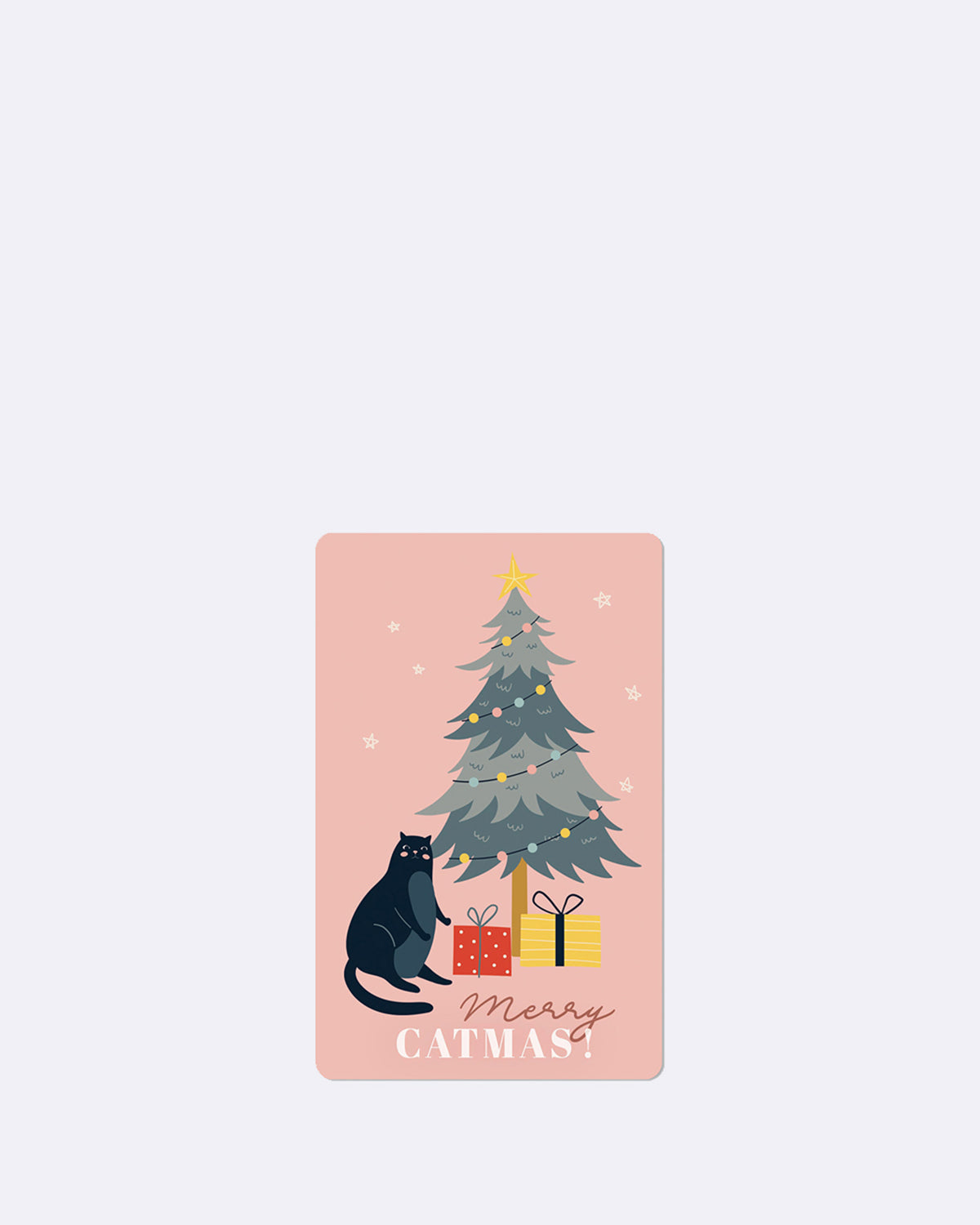Postkarte in rosa mit abgebildetem Weihnachtsbaum, einer Katze und Geschenken 