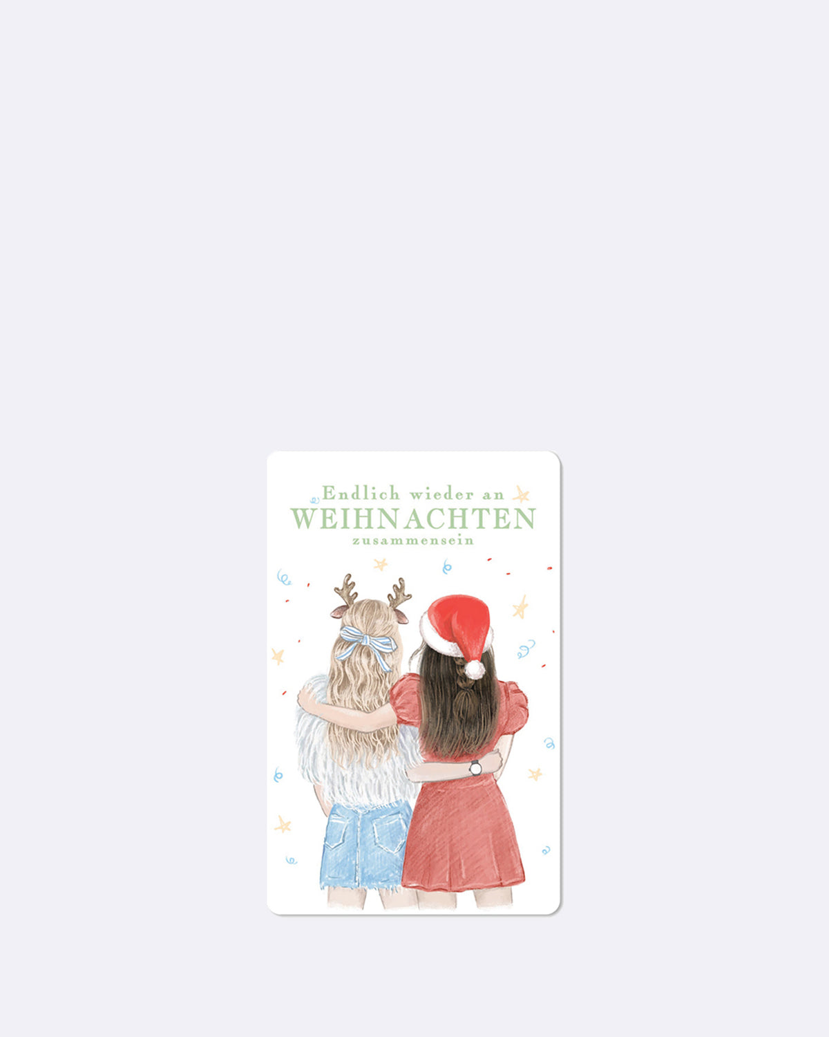 Postkarte in weiß mit abgebildeten Frauen und grünem Text 