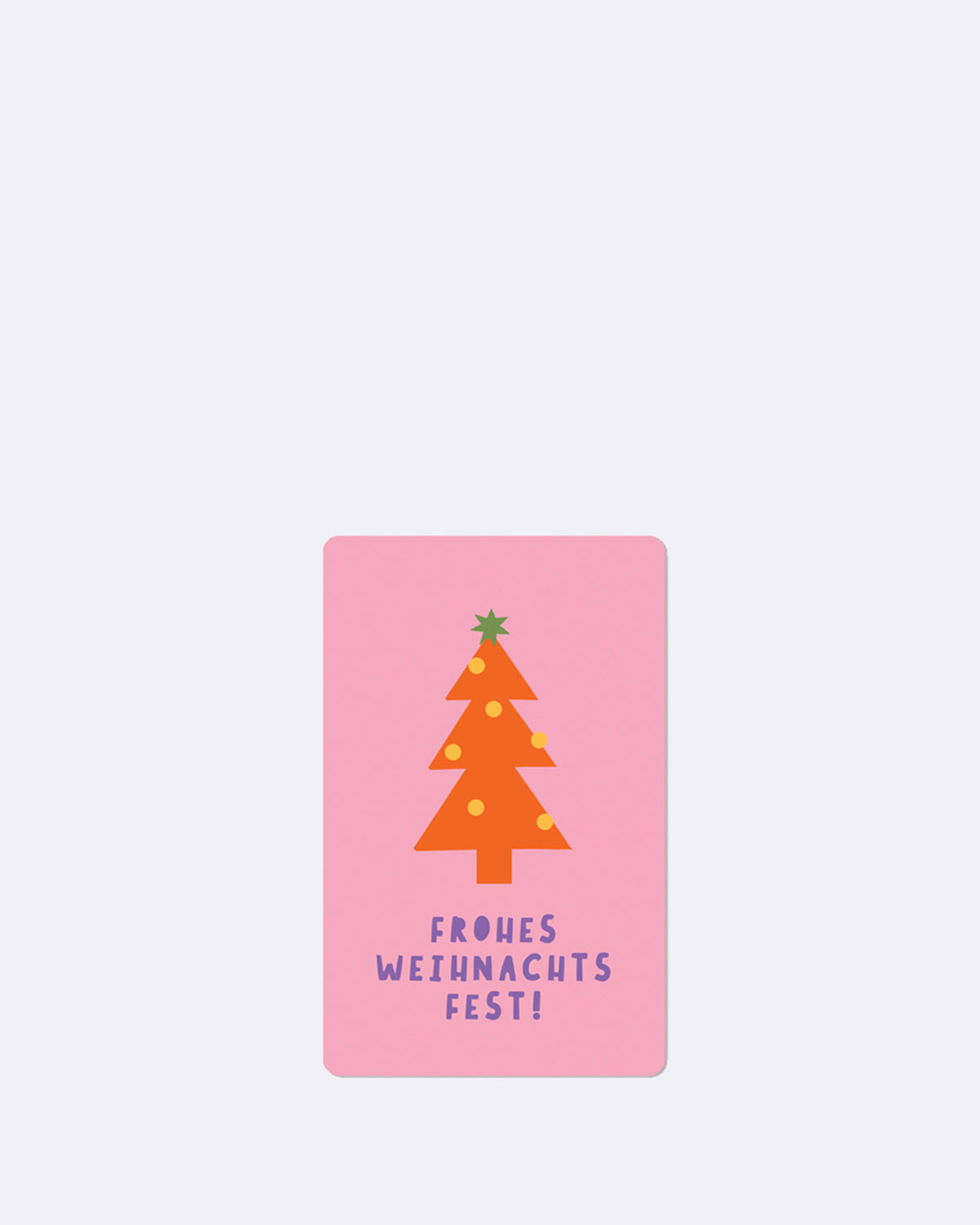 Postkarte in rosa mit orangenem Weihnachtsbaum und blauer Schrift
