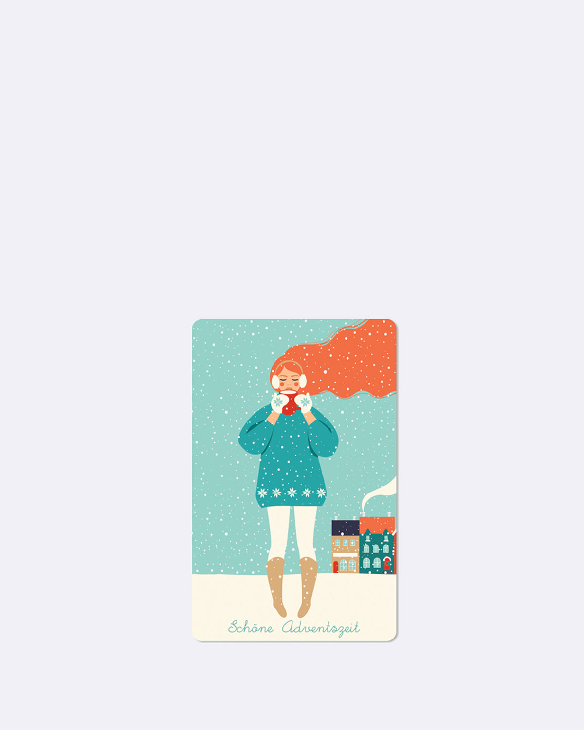 Postkarte in hellblau mit abgebildeter Frau im Schnee