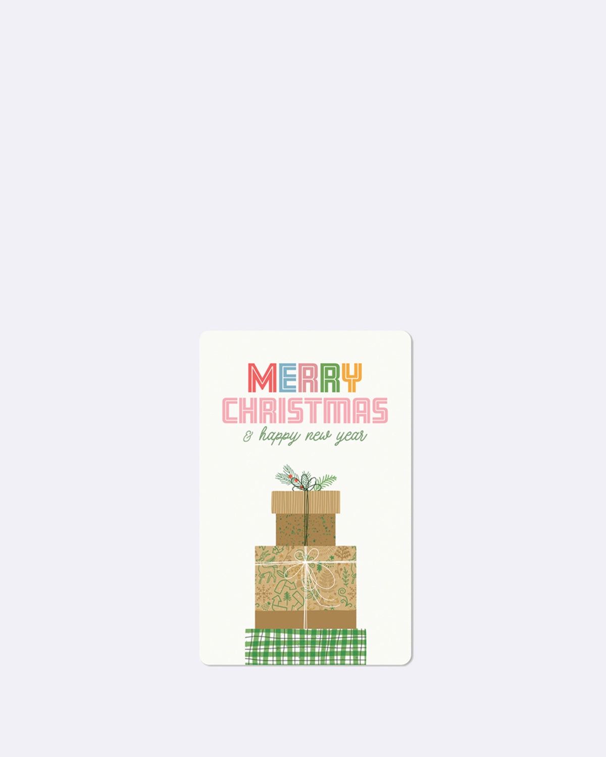 Postkarte in weiß mit abgebildeten Geschenken und bunter Schrift