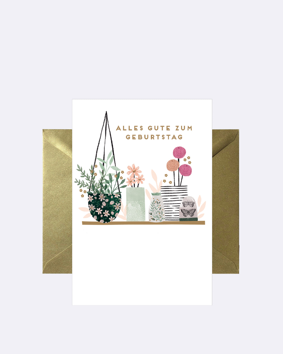 Aufklappbare Grußkarte mit Umschlag in weiß mit bunten Blumen und goldener Schrift