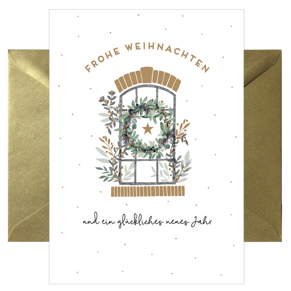 Aufklappbare Grußkarte mit Umschlag in weiß mit einem abgebildetem Fenster mit Blumenkranz und goldener Schrift