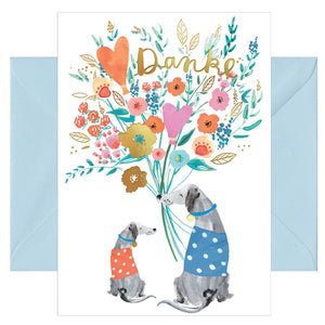Hochwertige Grußkarte - Glückwunschkarte mit farbigen Umschlag - verschiedene Anlässe - Danke - Hunde - Blumenstrauß
